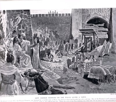 Jak chińskie manekiny na ścianie ratują miasto, ilustracja z „Historii Narodów Hutchinsona”, ok.1920 autorstwa Henry Charles Seppings Wright