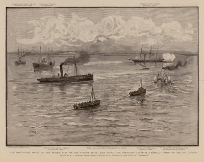 Portugalska korweta Tamega ostrzeliwująca SS Agnes, rzeka Pungwe, Afryka Wschodnia (rycina) autorstwa Henry Charles Seppings Wright