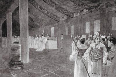 Usuwanie tablicy ze świątyni konfucjańskiej (litografia) autorstwa Henry Charles Seppings Wright