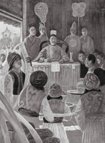 Wysłannicy syjamscy składający hołd cesarzowi Chin (litografia) autorstwa Henry Charles Seppings Wright