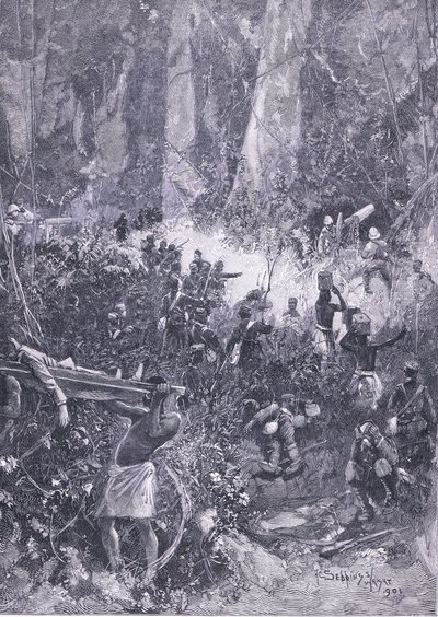 Wojna Ashanti 1900: Walka w lesie, ilustracja z Cassells History of England, 1900 autorstwa Henry Charles Seppings Wright