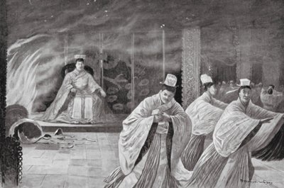 Cesarz pali się w swoim pałacu (litografia) autorstwa Henry Charles Seppings Wright