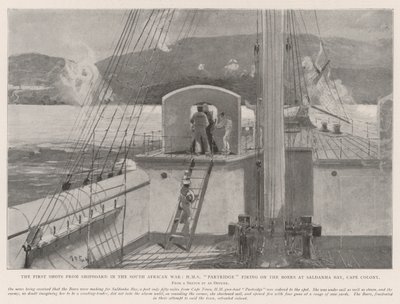 Pierwsze strzały z pokładu statku w wojnie południowoafrykańskiej, HMS Partridge ostrzeliwujący Burów w Zatoce Saldanha, Kolonia Przylądkowa autorstwa Henry Charles Seppings Wright