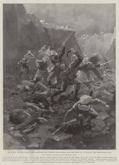 Indian Frontier Rising, Dorsetshire Men walczący Wręcz z Wrogiem w Nullah na Przełęczy Tseri-Kandao autorstwa Henry Charles Seppings Wright