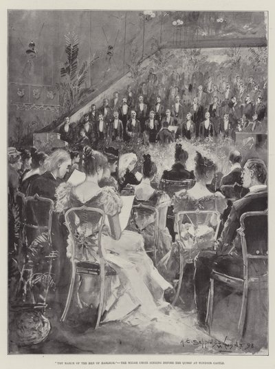 Marsz mężczyzn z Harlech, walijski chór śpiewający przed królową na zamku Windsor autorstwa Henry Charles Seppings Wright