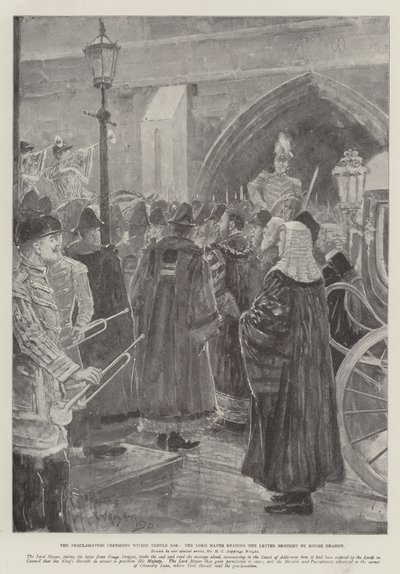 Ceremonia proklamacji w Temple Bar, Lord Burmistrz czytający List przyniesiony przez Rouge Dragon autorstwa Henry Charles Seppings Wright