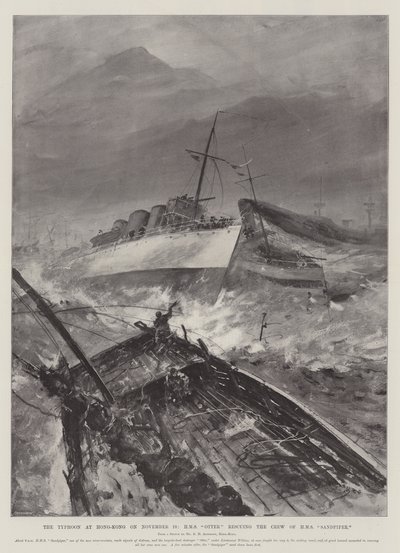 Tajfun w Hong-Kongu 10 listopada, HMS Otter ratuje załogę HMS Sandpiper autorstwa Henry Charles Seppings Wright