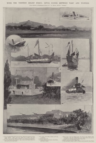 Z Siłą Pomocy Tientsin, sceny rzeczne między Taku i Tientsin autorstwa Henry Charles Seppings Wright