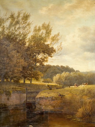 Zalesiony krajobraz z chłopcem łowiącym ryby w śluzie, 1931. autorstwa Henry Cheadle
