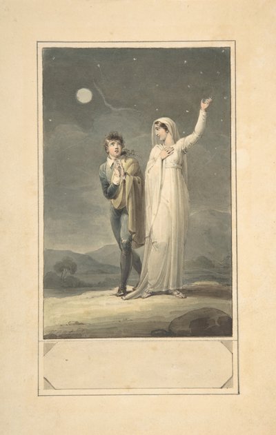 Projekt „Pejzaż nocny z dwiema postaciami” do grawerowanej ilustracji książkowej, 1807-44. autorstwa Henry Corbould