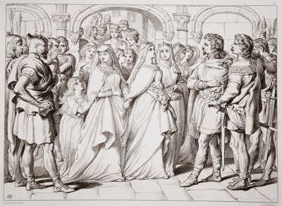 Alftruda rozpoznaje Hereward, ilustracja z Hereward the Great Charlesa Kingsleya, wyd. 1870, grawerowane przez C.G. Lewis (grawerowanie blachy stalowej) autorstwa Henry Courtney Selous