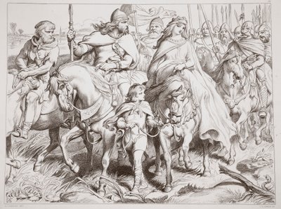 Hereward pilnuje Alftrudy w bezpieczne miejsce, ilustracja z Hereward the Great autorstwa Charlesa Kingsleya, wyd. 1870, grawerowane przez C.G. Lewis (grawerowanie blachy stalowej) autorstwa Henry Courtney Selous