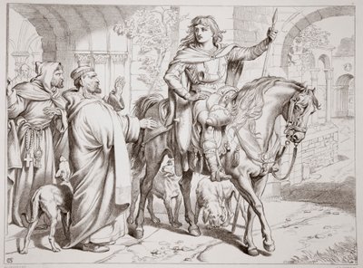 Hereward informuje swojego wuja przeora, że wkrótce zostanie wyjęty spod prawa, ilustracja z Hereward the Great Charlesa Kingsleya, wyd. 1870, grawerowane przez C.G. Lewis (grawerowanie blachy stalowej) autorstwa Henry Courtney Selous