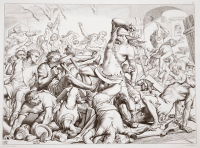 How Hereward cleared Bourne of Frenchmen, ilustracja z Hereward the Great przez Charles Kingsley, pub. 1870, rytował C.G. Lewis (staloryt) autorstwa Henry Courtney Selous