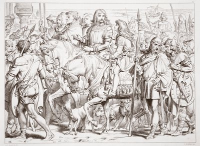 Jak Hereward wchodzi do konsekrowanej fortecy św. Bertyna, ilustracja z Hereward the Great Charlesa Kingsleya, wyd. 1870, grawerowane przez C.G. Lewis (grawerowanie blachy stalowej) autorstwa Henry Courtney Selous