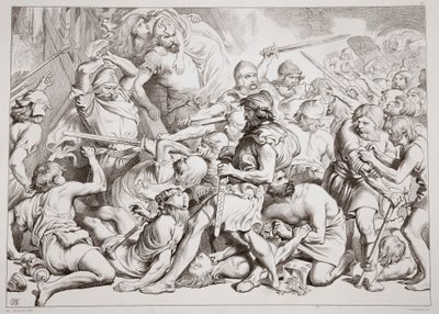 Jak Hereward ratuje Alftrudę, ilustracja z Hereward the Great Charlesa Kingsleya, wyd. 1870, grawerowane przez C.G. Lewis (grawerowanie blachy stalowej) autorstwa Henry Courtney Selous
