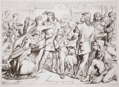 Jak Hereward zabił niedźwiedzia, ilustracja z Hereward the Great Charlesa Kingsleya, wyd. 1870, grawerowane przez C.G. Lewis (grawerowanie blachy stalowej) autorstwa Henry Courtney Selous