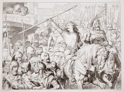 Jak Hereward zmienił Berserkera, ilustracja z Hereward the Great Charlesa Kingsleya, wyd. 1870, grawerowane przez C.G. Lewis (grawerowanie blachy stalowej) autorstwa Henry Courtney Selous