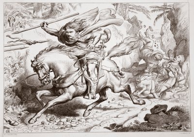 Jak Hereward został złapany w pułapkę, ilustracja z Hereward the Great Charlesa Kingsleya, wyd. 1870, grawerowane przez C.G. Lewis (grawerowanie blachy stalowej) autorstwa Henry Courtney Selous