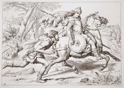 Jak Martin Lightfoot wyprzedza Hereward, ilustracja z Hereward the Great Charlesa Kingsleya, wyd. 1870, grawerowane przez C.G. Lewis (grawerowanie blachy stalowej) autorstwa Henry Courtney Selous