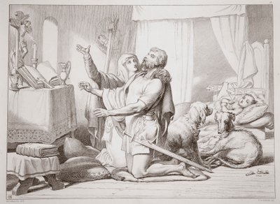 Jak Torfrida uczy Herewarda modlić się, ilustracja z Hereward the Great przez Charles Kingsley, pub. 1870, rytował C.G. Lewis (staloryt) autorstwa Henry Courtney Selous