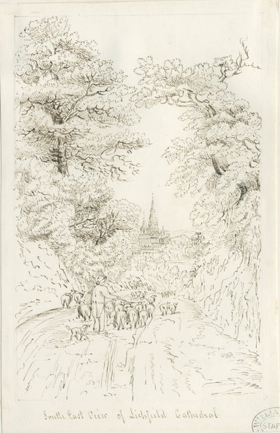 Katedra w Lichfield - widok na południowy wschód (odległy): rysunek piórem, nd [XIX wiek] (rysunek) autorstwa Henry Curzon Allport