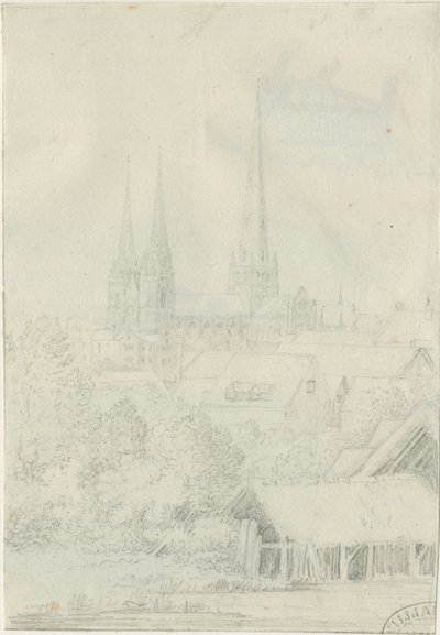 Katedra w Lichfield - South West Widok: rysunek ołówkiem, nd [?1788-1855] (rysunek) autorstwa Henry Curzon Allport