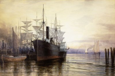 Zachód słońca, port w Nowym Jorku, 1880 autorstwa Henry Farrer