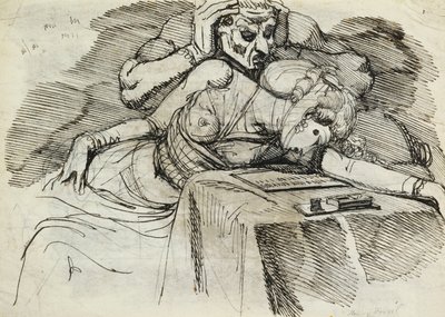 Kobieta mdlejąca przy biurku z groźną postacią z tyłu autorstwa Johann Heinrich Füssli