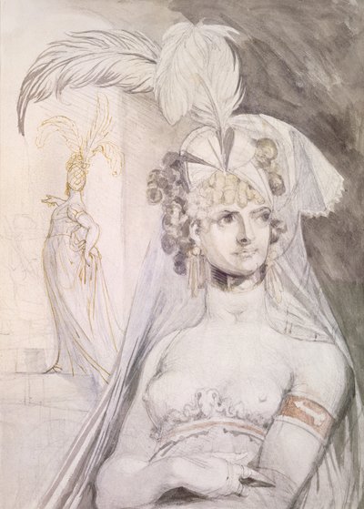 Półpostać kurtyzany z piórami, kokardą i welonem we włosach, 1800-10 (ołówek, toaleta i atrament na papierze) autorstwa Johann Heinrich Füssli