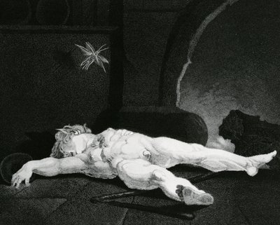 Puck śpiący przed paleniskiem wiejskim, grawerowany przez Mosesa Haughtona Jr. autorstwa Johann Heinrich Füssli