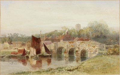 Wioska z mostem (akwarela na papierze) autorstwa Henry George Hine
