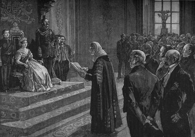 Pares and Commoners wygłaszający patriotyczne przemówienie do królowej w przeddzień wojny krymskiej, 1891 autorstwa Henry Gillard Glindoni