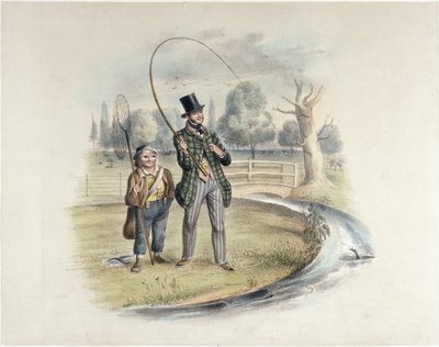 Wędkarstwo na okonie, Teddington, z zestawu sześciu obrazów „Wędkarstwo” (ręcznie kolorowane lito) autorstwa Henry Heath