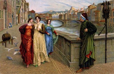Dante Alighieri spotykający swoją muzę Beatrice Portinari w Firenze, ok. 1890 r. (druk) autorstwa Henry Holiday