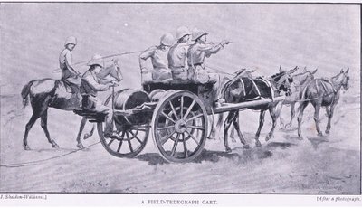 Polowy wózek telegraficzny z książki After Pretoria: The Guerilla War wydanej przez Harmsworth Bros Limited, 1901 autorstwa Henry Inglis Jodrel Sheldon Williams