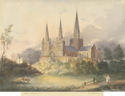 Katedra w Lichfield - widok na zachód: akwarela, 1844 autorstwa Henry James Noyes