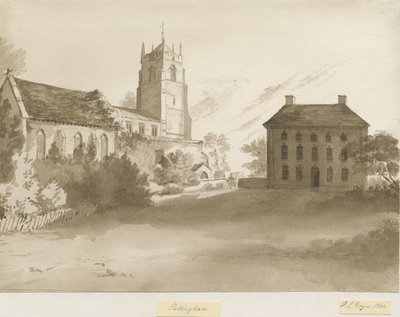 Pattingham Church and Vicarage House: rysunek w kolorze sepii, 1844 autorstwa Henry James Noyes
