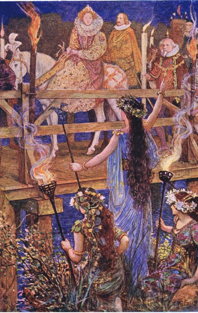 Elżbieta jest witana przez panią pływającej wyspy, ilustracja z Kenilworth, ok. 1910 r. autorstwa Henry Justice Ford