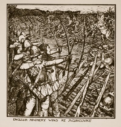 Angielskie łucznictwo wygrywa w Agincourt, ilustracja z „Historii Anglii” autorstwa C.R.L. Fletcher i Rudyard Kipling, 1911 autorstwa Henry Justice Ford