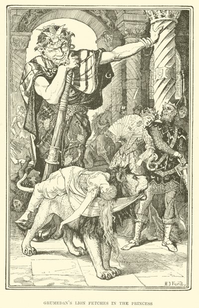 Lew Grumedana aportuje do księżniczki (grawerowanie) autorstwa Henry Justice Ford