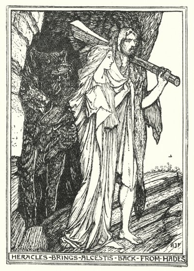 Herakles sprowadza Alkestis z Hadesu (lito) autorstwa Henry Justice Ford