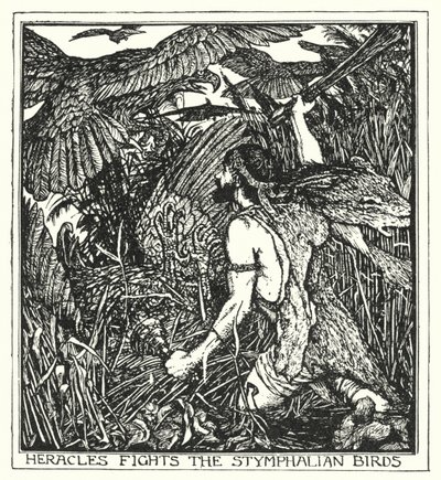 Herakles walczy ze stymfalijskimi ptakami (litos) autorstwa Henry Justice Ford