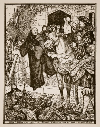 Jak Henryk VIII kazał wyrzucić mnichów z klasztorów, ilustracja z „Historii Anglii” autorstwa C.R.L. Fletcher i Rudyard Kipling, 1911 autorstwa Henry Justice Ford