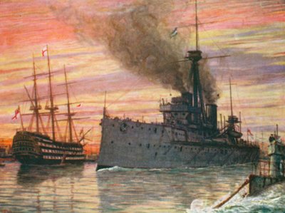 "Dreadnought" i "Victory" w porcie Portsmouth w 1909 r. (kolorowa litografia) autorstwa Henry Justice Ford