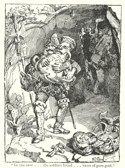 "W jednej jaskini. Żołnierze znaleźli. Wazony z czystego złota" (litho) autorstwa Henry Justice Ford