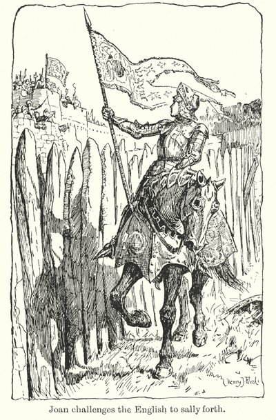 Joan rzuca wyzwanie Anglikom, by ruszyli naprzód (litografia) autorstwa Henry Justice Ford