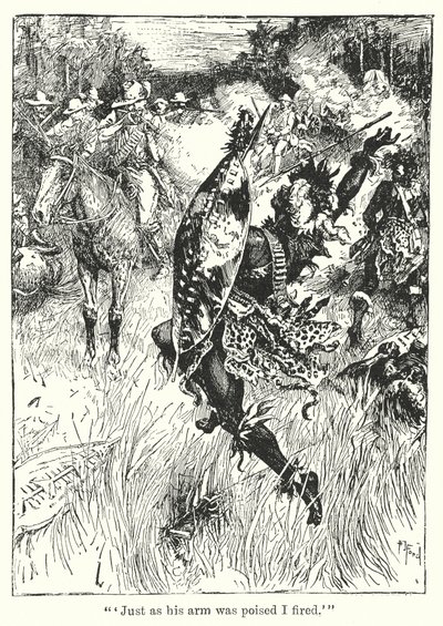 " "W momencie, gdy jego ramię było już wyprostowane, wystrzeliłem" (litografia) autorstwa Henry Justice Ford