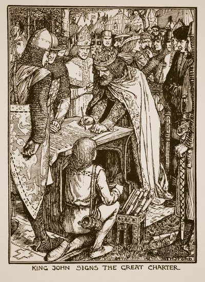 Król Jan śpiewa Wielką Kartę, ilustracja z "Historii Anglii" C.R.L. Fletchera i Rudyarda Kiplinga, 1911 r. autorstwa Henry Justice Ford