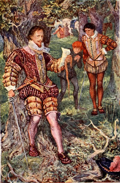 Leicester chwyta list od swojej żony Amy, opowiadający o spisku Varneya, by ją otruć, ilustracja z „Kenilworth” Sir Waltera Scotta, opublikowana w 1912 roku (kolor lito) autorstwa Henry Justice Ford